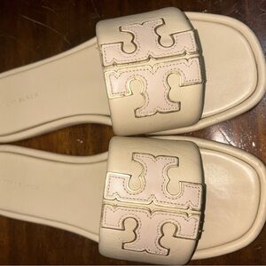 Tory Burch Double T Sport Slides | Beige Leather | Women’s Size 8.5